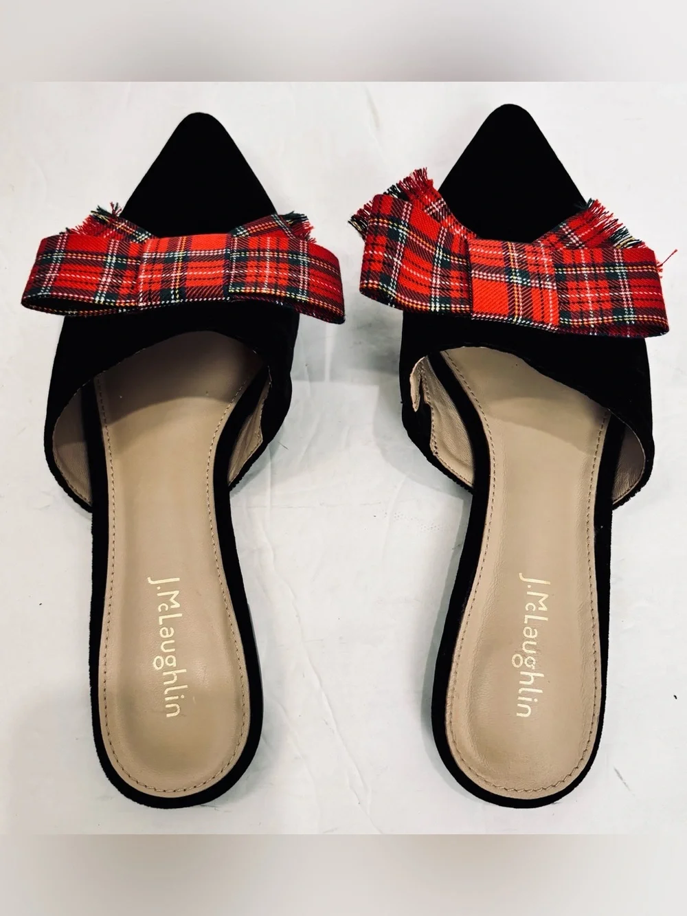 J Mclaughlin Lyon Flats Tartan Red Bow Pointed Toe Black Velvet Slide On Loafers